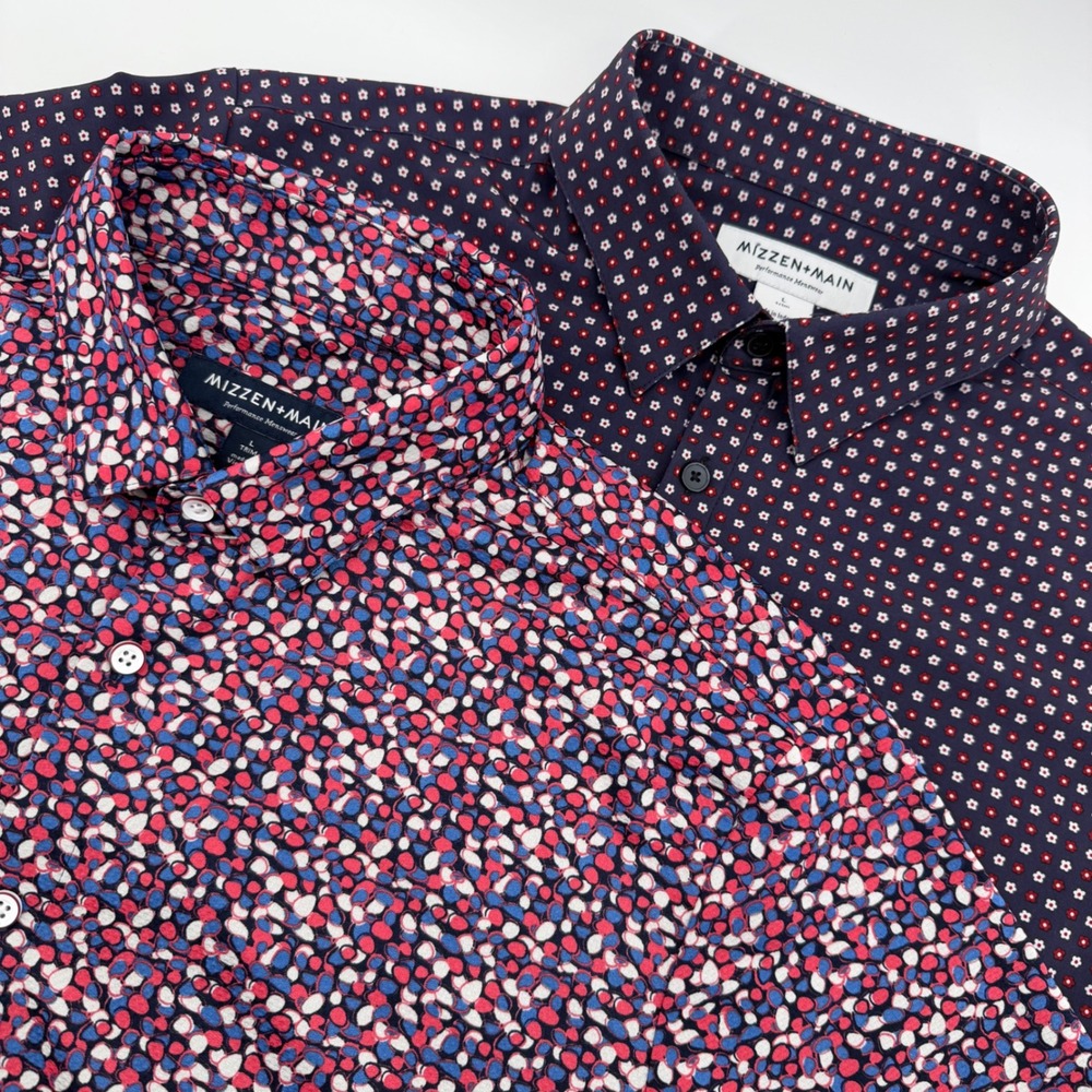 Mizzen + Main Shirt Bundle Mens L Navy Floral Trim Fit Performance Short Sleeve